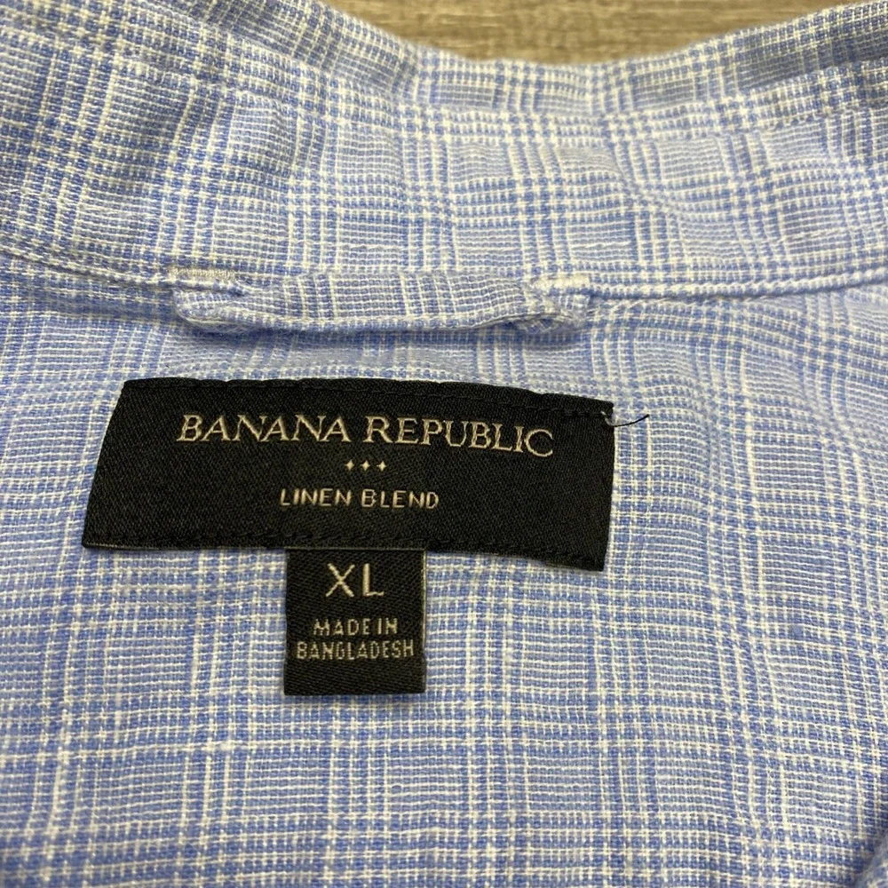 Banana Republic Button Up Shirt Mens XL Blue Linen Check Casual Long Sleeve